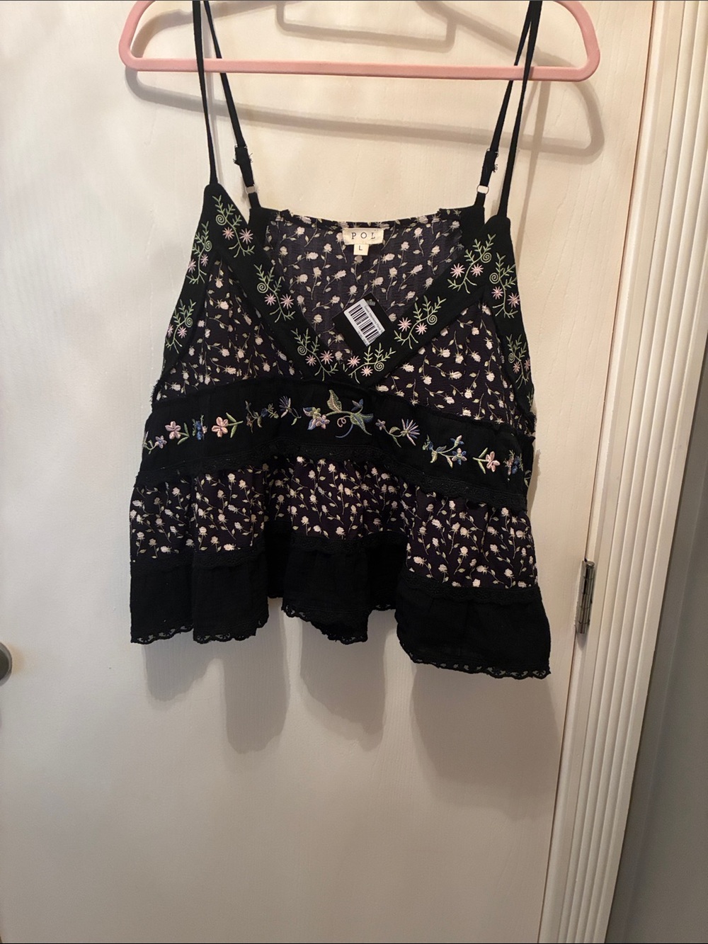 POL Black Floral Embroidered Spaghetti-Strap Camisole